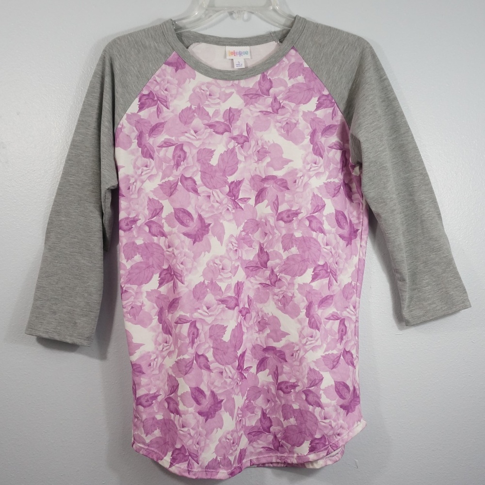 LuLaRoe  Purple Flower and Gray Sleeve Randy Top